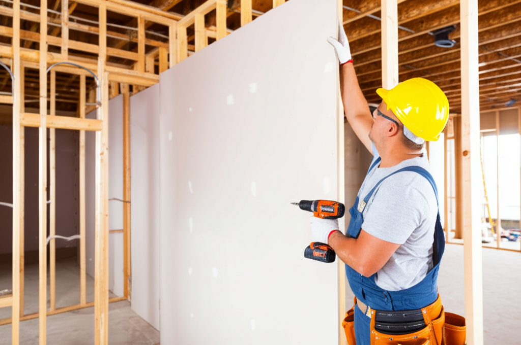 Crew installing drywall sheets