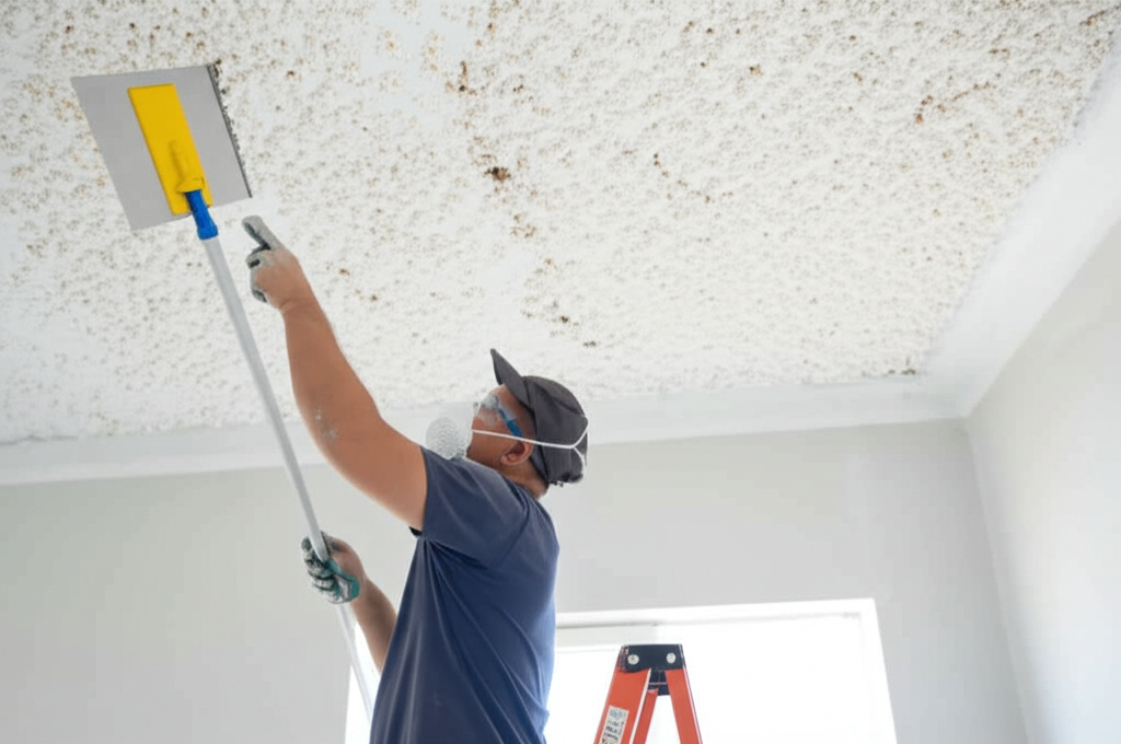 Contractor removing popcorn ceiling